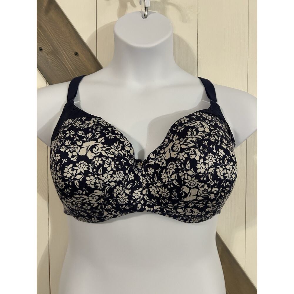 Cacique Lightly Lined Balconette Bra Navy White Floral Flowers 40DDD